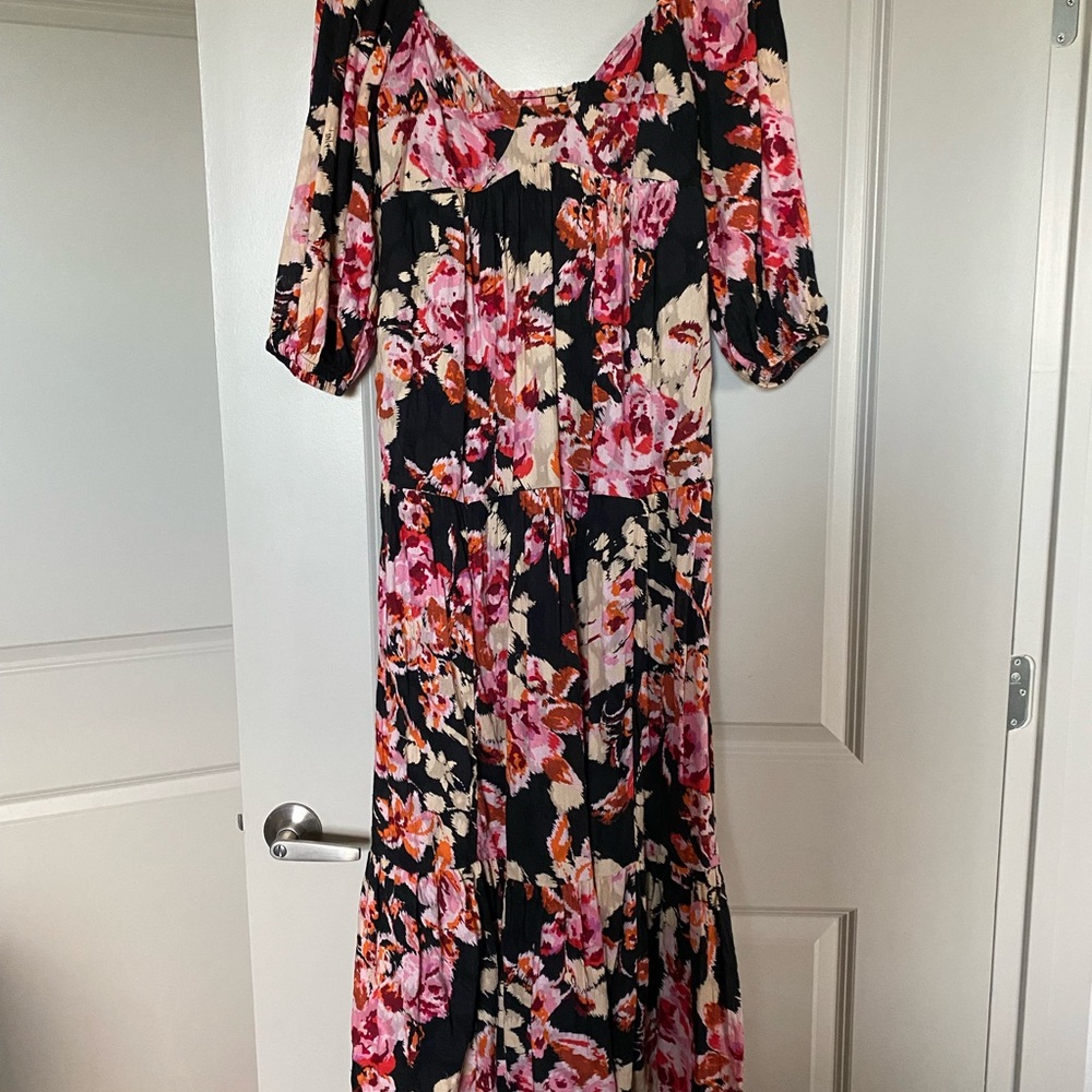 Anthropologie Pink and Orange Maxi Sundress with Puff Sleeves